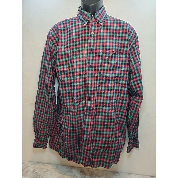 Wrangler George Strait Cowboy Cut Red Green Button Check Plaid Shirt L *Read - Picture 1 of 7